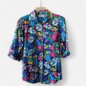 Ridget multicolored vintage psychedelic floral button down shoulder pads Sz M